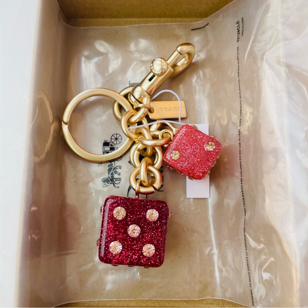 Coach Gold-Tone Keyring with Red Glitter Dice Charms